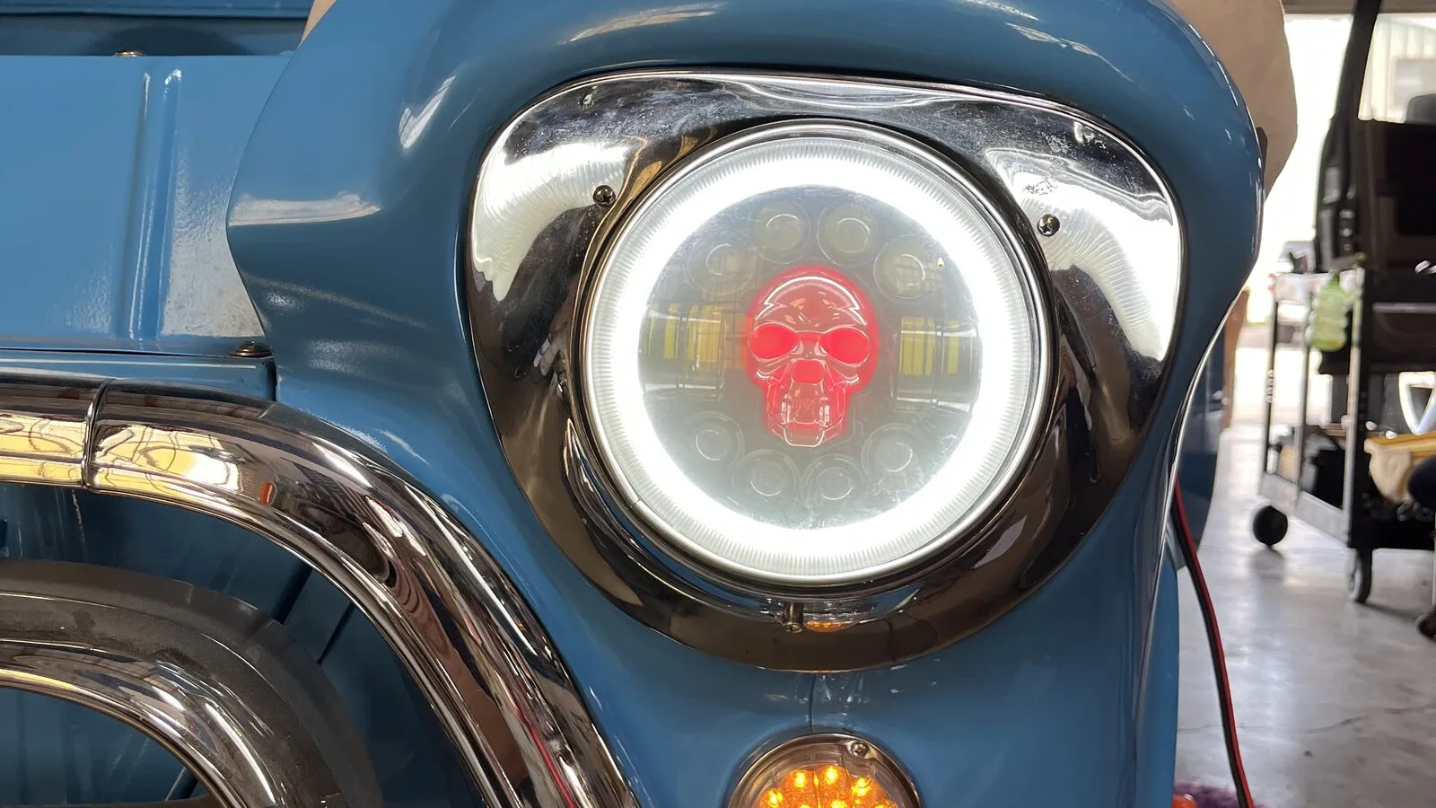 Custom LED headlight installed on a restored classic Chevrolet pickup at Rio Auto Electric